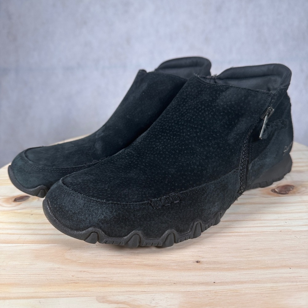 Skechers Suede Ankle Boots Women 9.5 Black Good Side Zip Rugged Lug Sole Booties